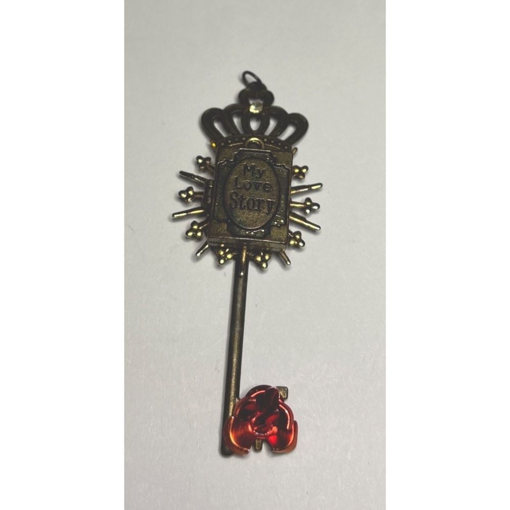 My Love Story Skeleton Key Brooch Crown Red Rose Antiqued Brass Tone Gothic
